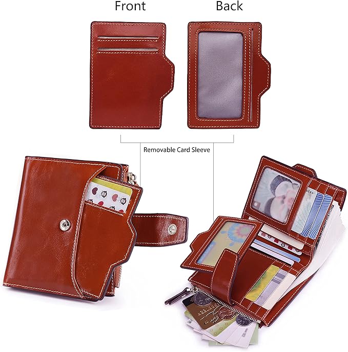 AINIMOER Women's RFID Blocking Leather Small Compact Bi-fold Zipper Pocket Wallet Card Case Purse with id Window