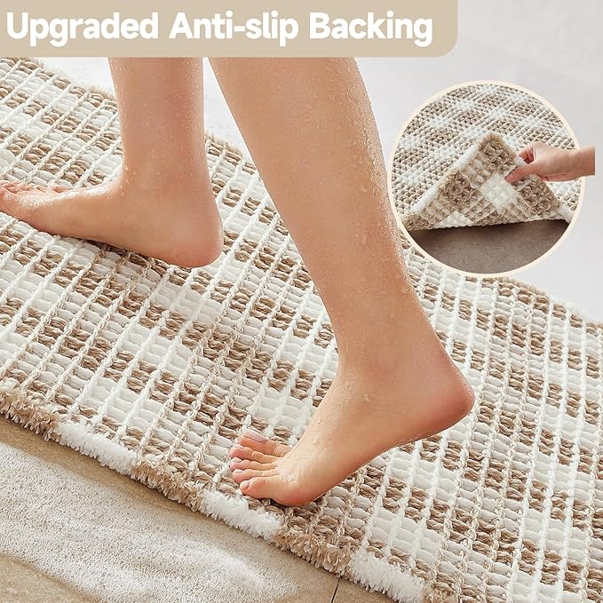 Waffle Bath Mat, Boho Bathroom Rugs Non Slip Washable Absorbent Checkered Bathroom Mat Quick Dry Farmhouse Bathroom Decor, 48"x24" Khaki and White