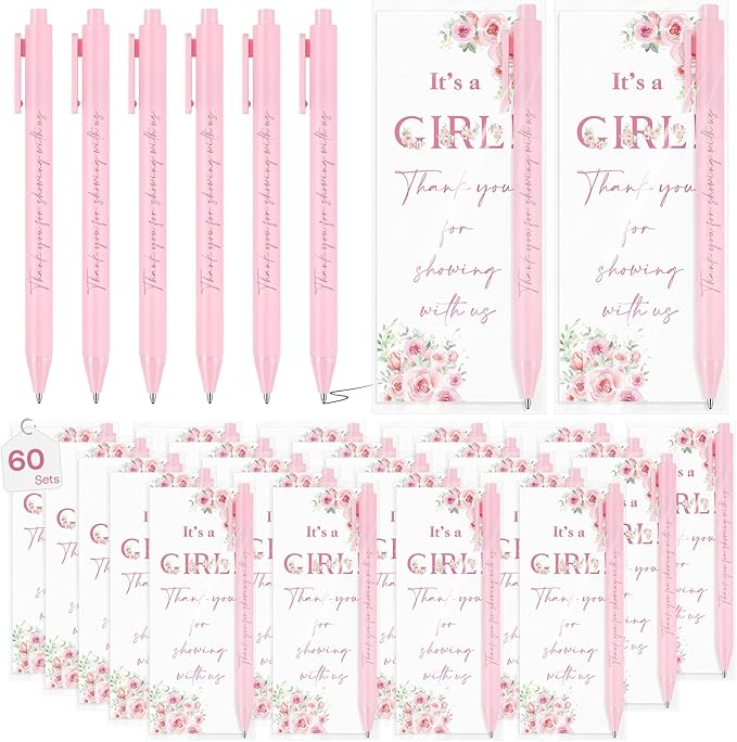 60 Sets It's a Girl Pens for Guests Girl Party Favors Retractable Ballpoint Pen with Bookmarks Black Ink Gender Reveal Souvenirs Prizes Supplies
