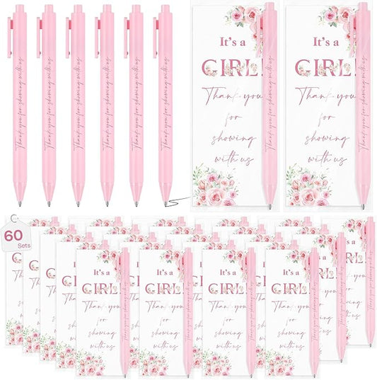 60 Sets It's a Girl Pens for Guests Girl Party Favors Retractable Ballpoint Pen with Bookmarks Black Ink Gender Reveal Souvenirs Prizes Supplies