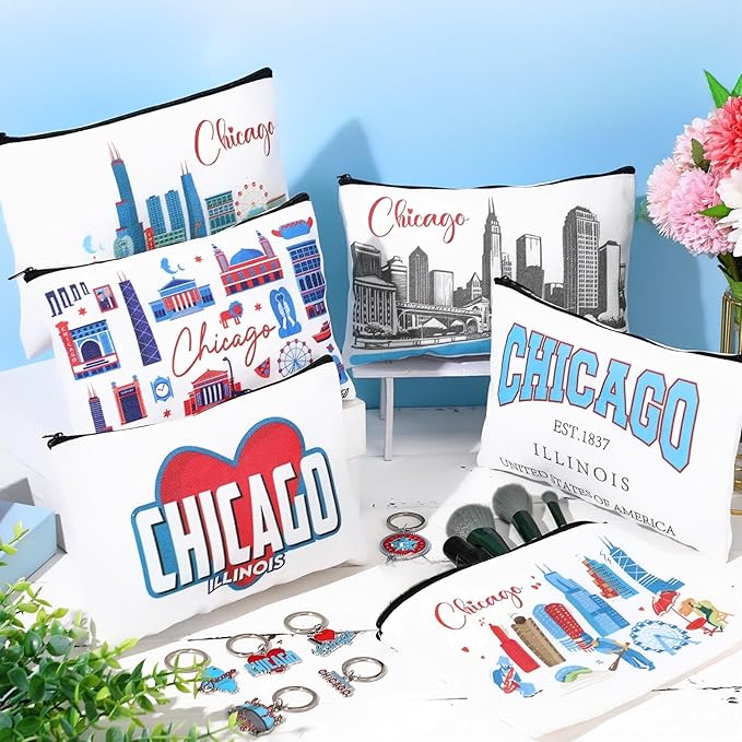 Landical 6 Sets Chicago Souvenir Gifts Include 6 Pcs Chicago Cosmetic Bag and 6 Pcs Metal Keychain for Women Traveler Christmas Party Gifts