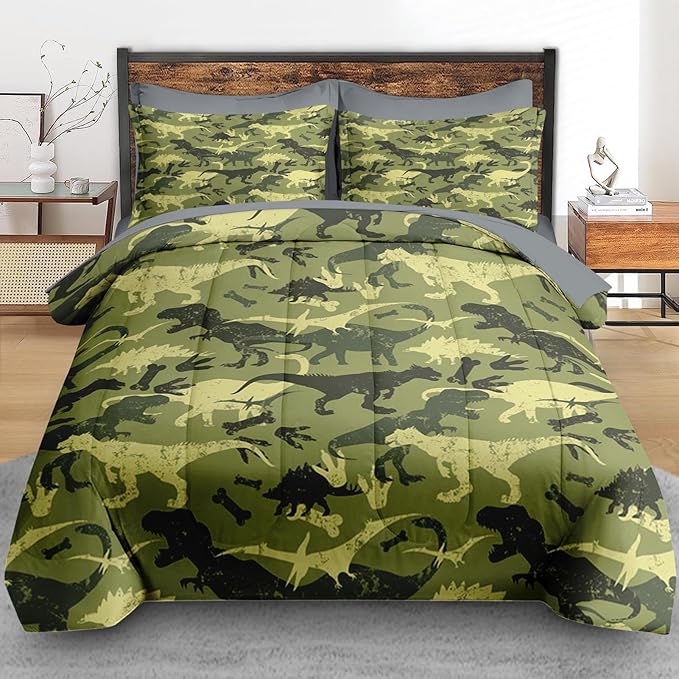 Comforter Set King Size, Camouflage Dino Dinosaur 7 Pcs Bedding for Kids and Adults, Cute Funny Green Bed Sheet Sets with Fitted Sheet 2 Pillowcases & 2 Shams for Bedroom Bed Decor