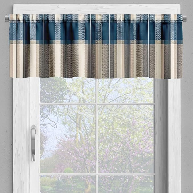Ambesonne Plaid Window Valance Pack of 2, Classic Timbermen Pattern with Integrating Geometric Bold Lines Art Tartan, Rod Pocket Curtain Valances Kitchen Bedroom, 42" X 18",Slate Blue Orange Green