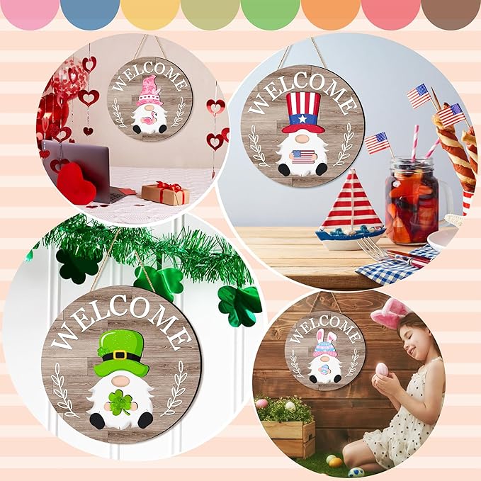 Seasonal Gnome Wall Decor Set, 11.8 inch Autumn Wooden Round Sign with Interchangeable Holiday Hats, Welcome Door Hanging (Grey-3)