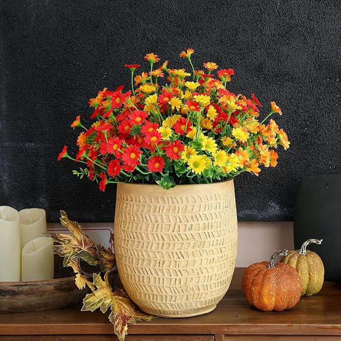 alyptus Faux Flowers Outdoor Artificial Flowers – 12 Bundles UV Resistant Artificial Outdoor Flowers for Spring Summer Christmas, Modern Farmhouse Decoration (Red 5, Orange 5, Yellow 2)