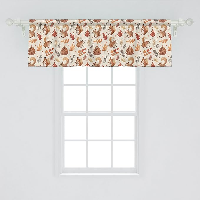 Ambesonne Fall Window Valance, Vintage Farmhouse Autumnal Theme with Squirrels Pinecones and Leaves Print, Curtain Valance for Kitchen Bedroom Decor with Rod Pocket, 54" X 18", Beige Brown and Cocoa