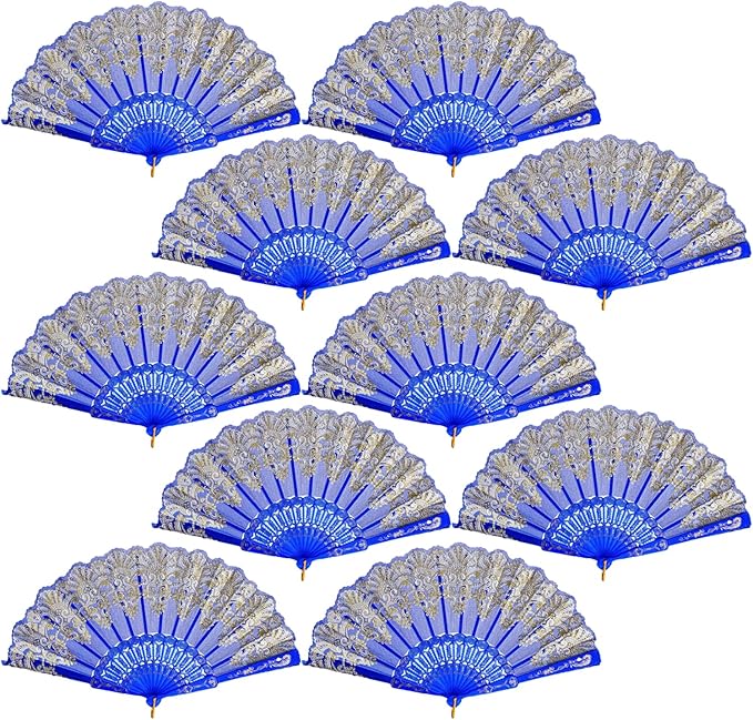 QIRMIZI 10 Pack Folding Handheld Fans,Silk Spanish Fan, Perfect for Weddings, Parties, and Dancing,Royal Blue
