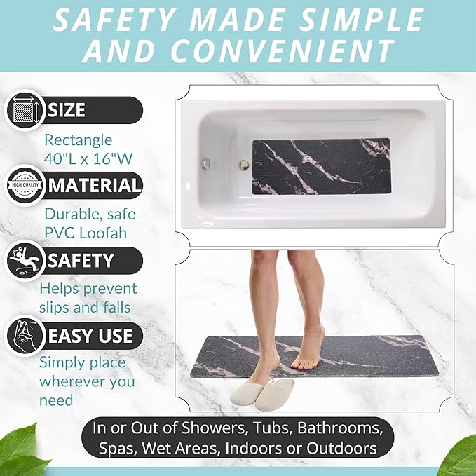 Non Slip Bathtub Mat Shower Mat for Tub - Loofah Bath Mats for Bathroom - 40x16 Bathtub Floor Mat - Textured Anti Slip Bath Mat Without Suction Cups - Secure Mat for Wet Areas (40x16 Marble Black)