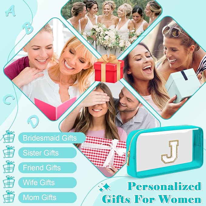 Personalized Initial Letter Clear Makeup Bag,Preppy Small Nylon&PVC Cosmetic Zipper Bag with Chenille Letter,Portable Beach Travel Skincare Toiletry Bag,Trendy Monogram Gift for Teen Girls Women,J