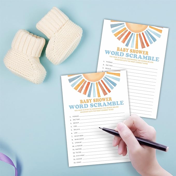 Retro Sunshine Word Scramble Baby Shower Game Kit - Here Comes The Sun - 30 Fill in Game Cards & 1 Answer Card for Baby Shower, Gender Reveal Party Favor, Activity & Supplies - D08