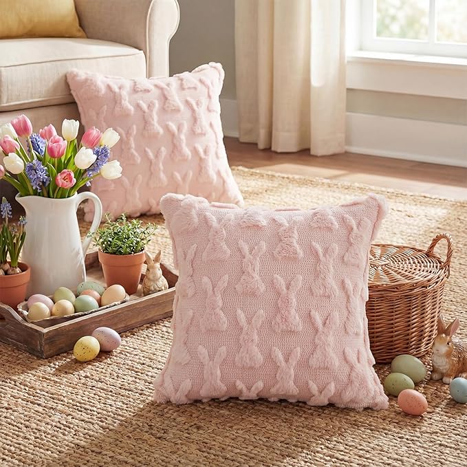 AVOIN colorlife Easter Rabbits Pink Throw Pillow Covers, 18 x 18 Inch Bunny Soft Plush Faux Fur Jacquard Cushion Case Decoration for Sofa Couch Set of 2