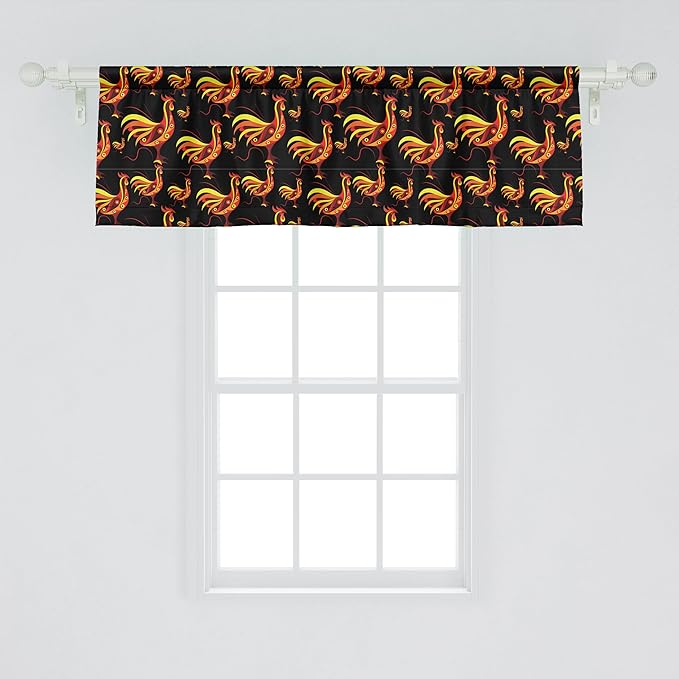 Ambesonne Farm Window Valance, Warm Colored Curled Ornamental Abstract Plumy Roosters Fowls, Curtain Valance for Kitchen Bedroom Decor with Rod Pocket, 54" X 18", Charcoal Grey Multicolor