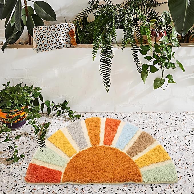 Sunrise Boho Bathroom Rugs,Half Circle Bath Mat Cute,Sun Bath Mats,Retro Bohemian Home Bathroom Decor,Small Colorful Fun Semi Round Shower Rug Non-Slip,Funny Washable Rug Bedroom 31"x16"