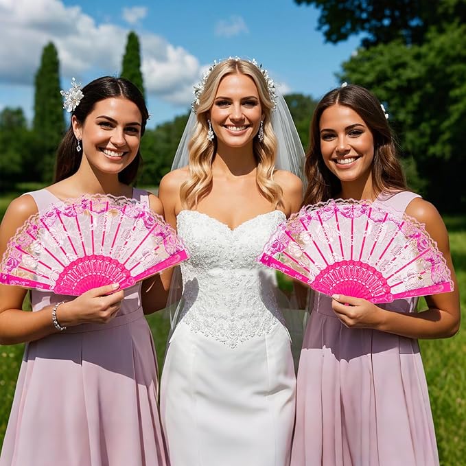 QIRMIZI 30pcs Silk Folding Hand Fans,Silk Fans,Deeppink Rose Fans,Perfect for Weddings, Parties, and Dancing,Deeppink