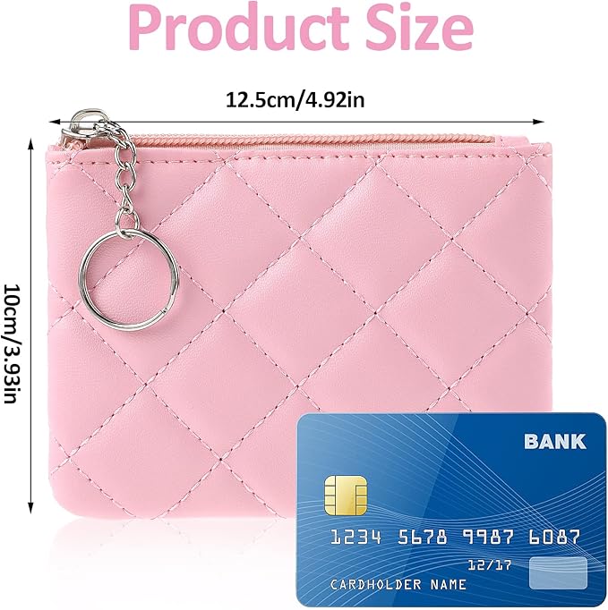 Real Leather Coin Purse with Rhombus Embroidery Zipper Keychain Mini Wallet for Women & Men (Pink)