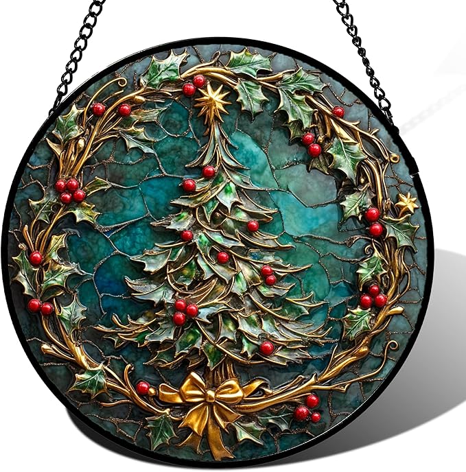 Stained Glass Window Hangings - Red Gold Green Wreath Suncatcher for Door Home Christmas Tree Decoration Sun Catcher Thanksgiving New Year Birthday Gift for Women Men Mom Grandma 6.3 in