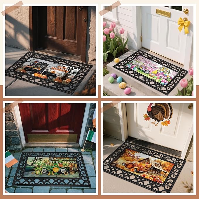 Nuanchu 12 Pcs Seasonal Door Mat Interchangeable Doormat Inserts Entrance Welcome Mats 22 x 10 Inches Non Slip Mats Gifts for Front Door Christmas Thanksgiving Decoration (No Frame)(Truck)