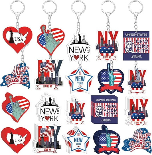 50 Pcs New York Souvenirs Acrylic Keychain Gifts Bulk United State Keychain Star Statue of Liberty Travel Souvenirs