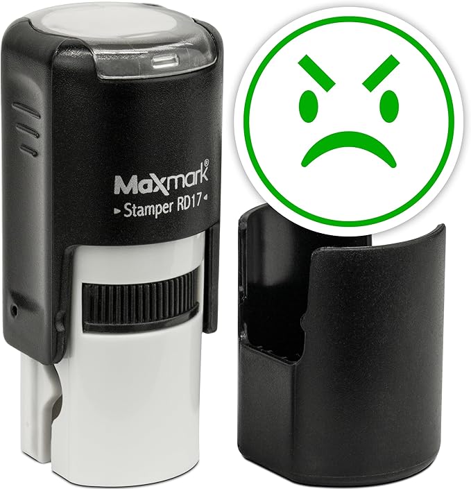 MaxMark Round Self Inking Emoji Stamp - Angry - Green Ink