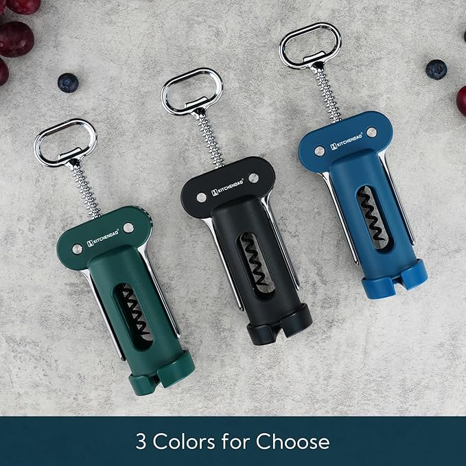 KITCHENDAO 3 in 1 Wing Corkscrew Wine Bottle Opener with Foil Cutter, Built-in Beer Bottle Opener, Multifunctional Wine Opener with Non-Stick Sharp Screw, Easy to Use, Manual Wine Corkscrew, Black