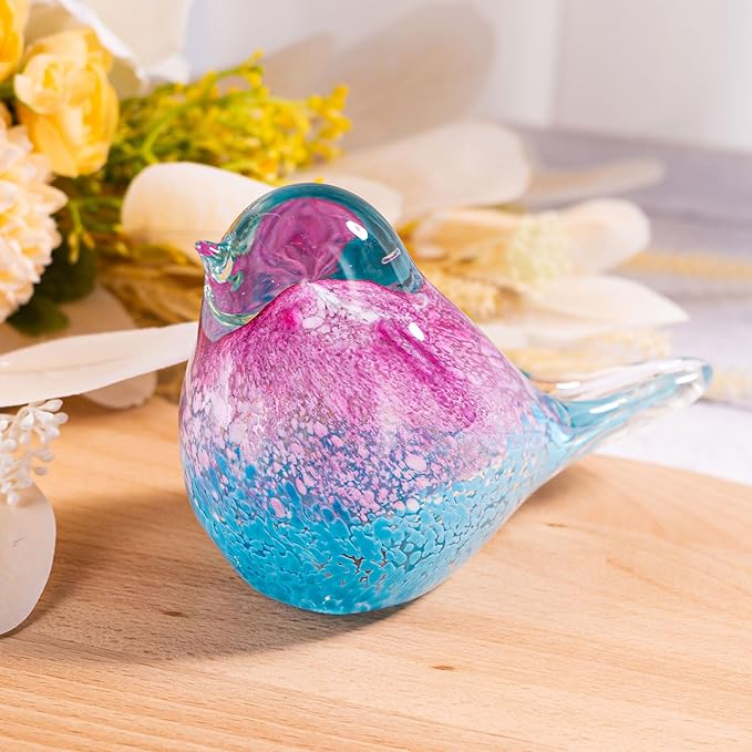 5.5" Hand Blown Glass Blue Bird Figurine Glass Pink and Blue Birds of Happiness Statue Crystal Animal Sculpture Decorative Ornaments for Home Decoration,Birthday Present,Women Gift for Christmas