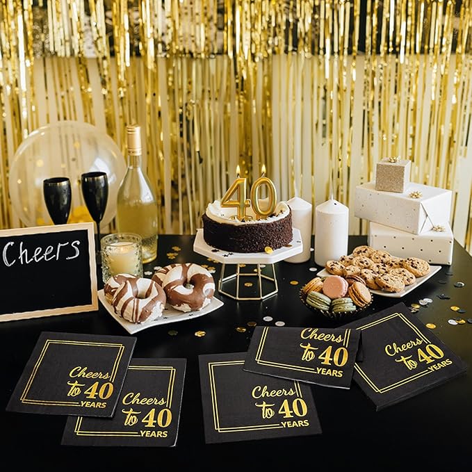 40th Birthday Cocktail Party Napkins-50PCS 13 * 13 inches Cheers to Years Disposable Paper Napkins for Birthday Wedding Anniversary Decorations Party Props Supplies Black and Gold (40th)