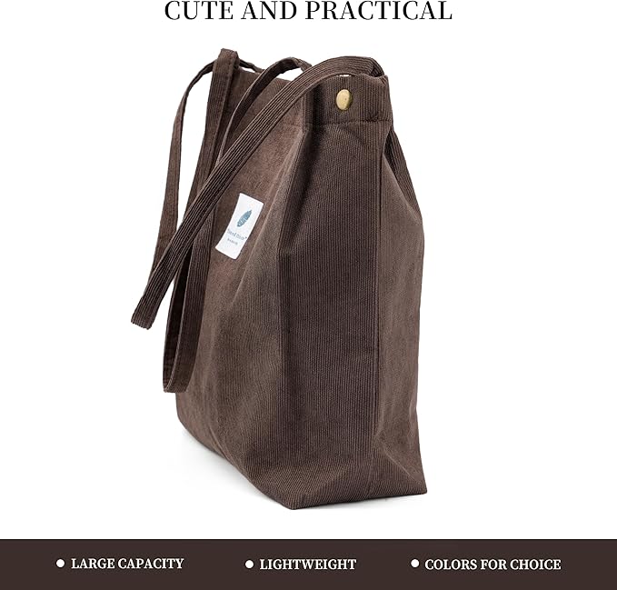 Corduroy Tote Bag Cute Tote Bags for Women Shoulder Bag with Inner Pocket for Work Beach Travel and Shopping Grocery
