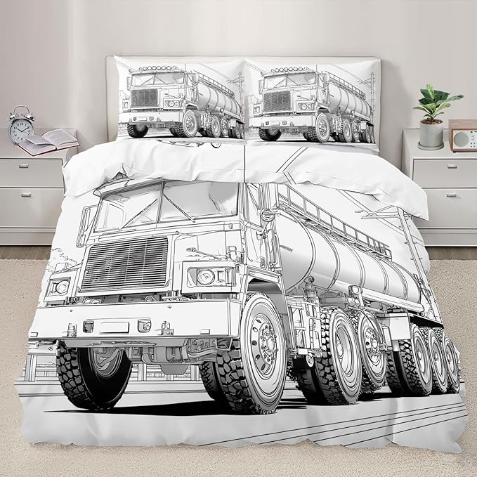 Tanker Truck Duvet Cover Twin Size Mechanical Vehicle Bedding Set Black White Mechanical Cars Comforter Set Industrial Style Comforter Cover Soft Microfiber for Bedroom