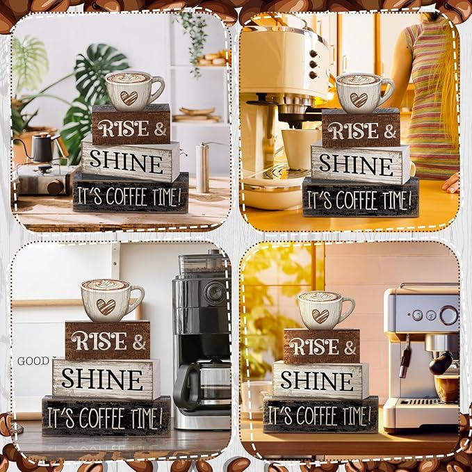 4 Pcs Farmhouse Coffee Bar Sign Decor Wooden Cup Rise & Shine It's Coffee Time Rustic Wood Cafe Sign Gift for Home Kitchen Tabletop Decor