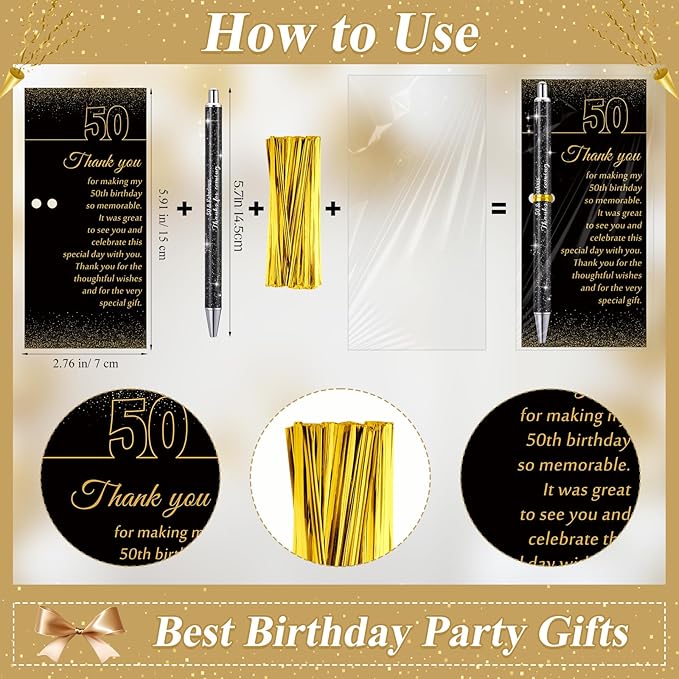 24 Set 50th Birthday Party Favor for Guests Anniversary Appreciation Gifts Birthday Glitter Ballpoint Pen and Thank You Cards for Women Men Years Party Favor Decoration Supplies