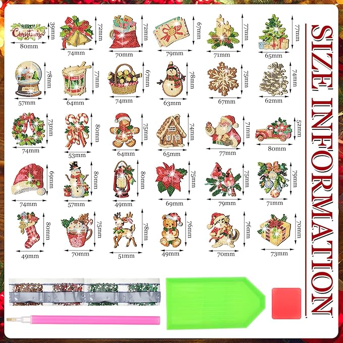 30 Pcs Christmas Diamond Art Magnets Kits DIY Santa Claus Diamond Fridge Magnetic Stickers Xmas Gem Art Magnets for Beginners Holiday Decor Home