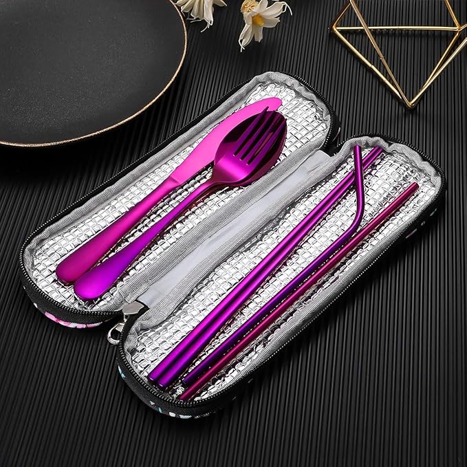Travel Utensils,Reusable Silverware Set To Go Portable Cutlery Set with a Waterproof Carrying Case for Lunch Boxes Workplace Camping Picnic (Purple)