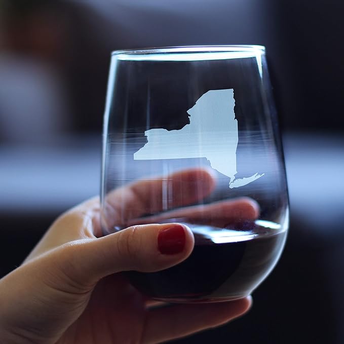 Bevvee New York State Outline Stemless Wine Glass - State Themed Drinking Decor and Gifts for New Yorker Women & Men - Large 17 Oz Glasses