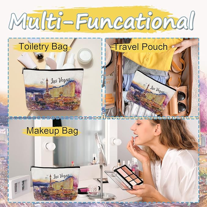 Las Vegas Souvenir Gift - Watercolor City Travel Makeup Bag, Las Vegas Travel Lovers Cosmetic Bags, Las Vegas Vacation Trip Gifts for Women Girls Sister Birthday Christmas Gift