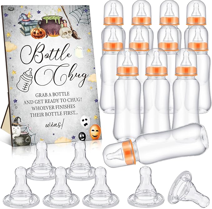 TrelaCo Halloween Cool Baby Shower Games Bottle Chug Sign Wooden Halloween Boo Theme Baby Gift Sets Gender Reveal Party Favors and 12 Pcs Baby Bottle Shower Favor Baby Bottles for Baby Shower