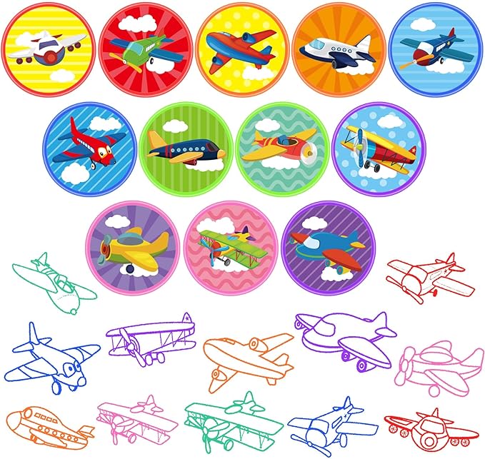 Cinrobiye 24 Pcs Airplane Stampers for Boys Girls, Aviation Party Supplies Favors, Classroom Rewards, Carnival Prizes, Goody Bag Pinata Fillers for Let’s Fly Travel Party