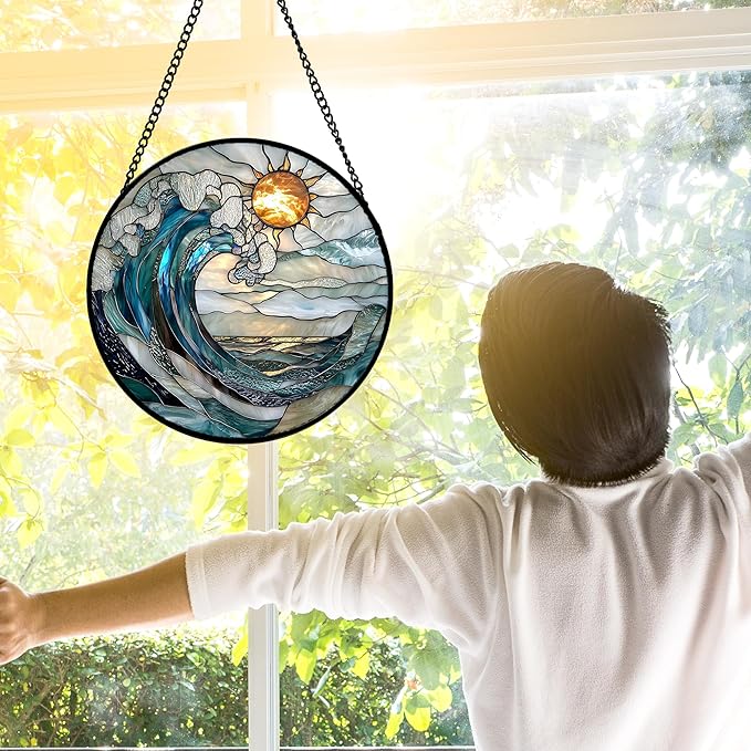 Stained Glass Window Hanging, Blue and White Waves Suncatcher Diamond Glass Panel Landscape Sun Catchers Decor for Birthday for Women, Men, Wife, Aunt, and Mom 11.8x11.8 in