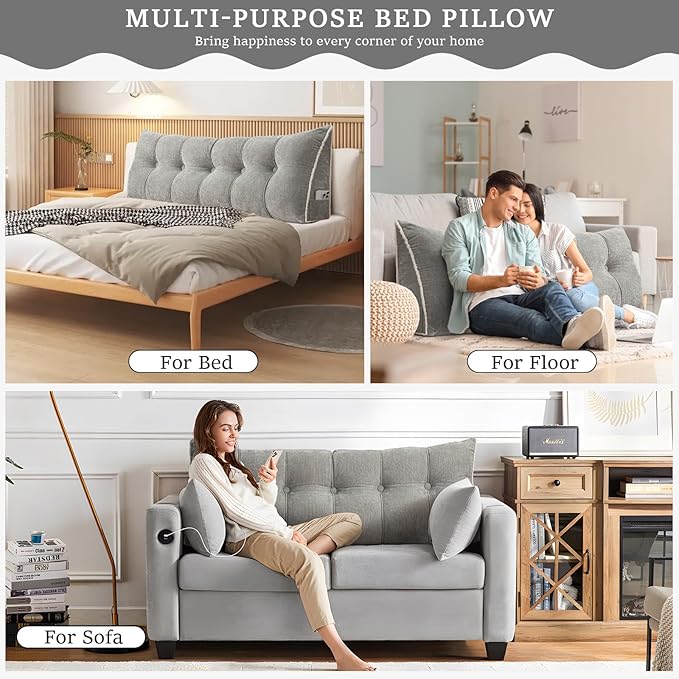 Headboard Pillow Queen, Chenille Triangular Wedge Pillow Headboard Queen Size, Reading Setting Backrest Daybed Pillows for Sofa Bed with Removable Cover, Grey