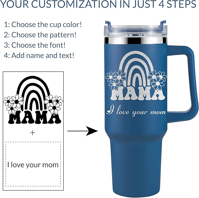 Personalized Tumbler With Handle-Custom 40oz Travel Cup With Lid And Straw-Laser Engraved With Name,Logo,Text,Image-Personalized Gifts For Mom,Dad,Birthday