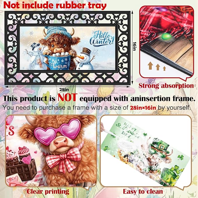 Nuanchu 12 Pcs Seasonal Door Mat Interchangeable Doormat Inserts Entrance Welcome Mats 22 x 10 Inches Non Slip Mats Gifts for Front Door Christmas Thanksgiving Decoration (No Frame)(Cow)