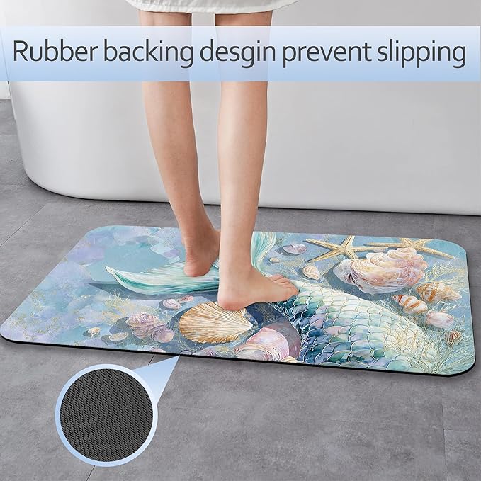 Bathroom Rug 29.5"x17",Mermaid Shell Bath Mat with Non-Slip Rubber Backing, Quick-Drying Absorbent Thin Floor Mat for Bathroom, Shower, Sink, or Kitchen