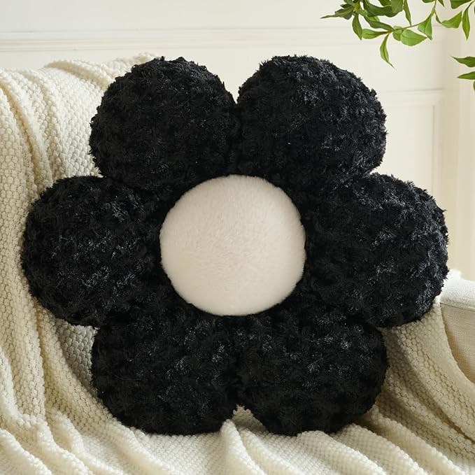 Flower Pillows, Decorative Throw Pillow with Soft Plush for Couch, Flower Shaped Pillow Home Decor Daisy Pillow for Bed (Black, 14.9 Inches)