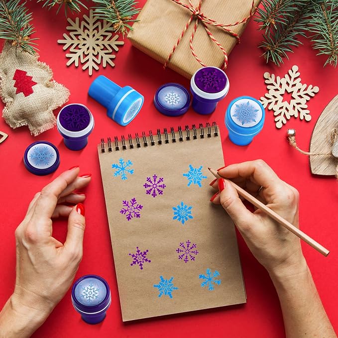 Skylety 60 Pieces Winter Snowflake Stamps for Kids Self Ink Assorted Plastic Snowflake Hand Stampers for Card Making Holiday Winter Wonderland Birthday Party Decorations Supplies(Blue, Purple)