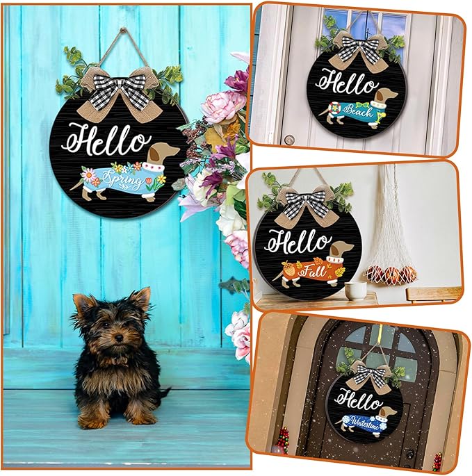 16 Pcs Interchangeable Dog Wooden Door Hanger Ornaments Rustic Dachshund Seasonal Home Sign Replaceable Hanging Vertical Welcome Sign Front Door Porch Decor for Wall Outdoor Xmas Fall Decor (Black)