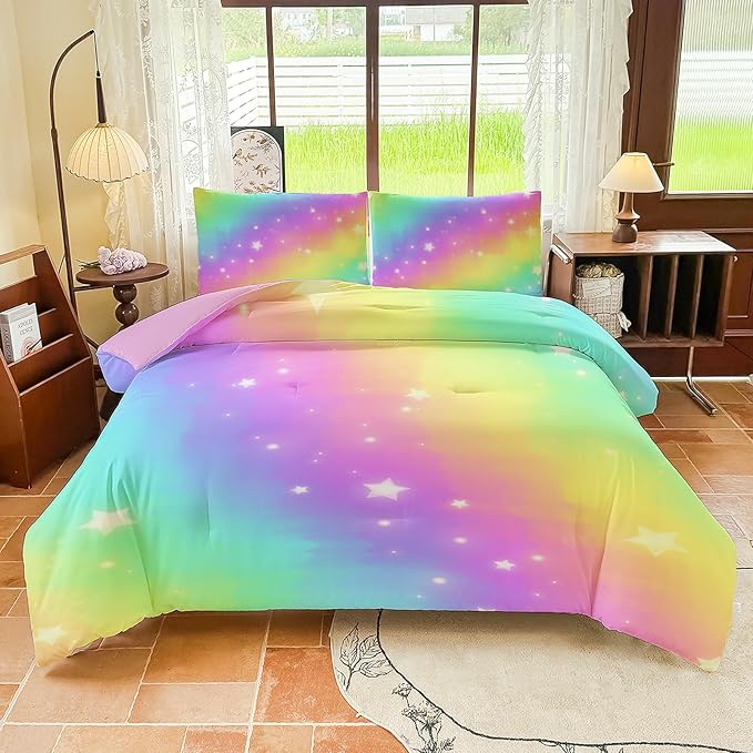 Rainbow Bedding Set Full Size – 5 Piece Reversible Girls Comforter with Deep-Pocket Sheet, Gradient Galaxy Design, Whole-Piece Filling, Machine Washable Bed-in-a-Bag for Kids Room Makeover & Gifts