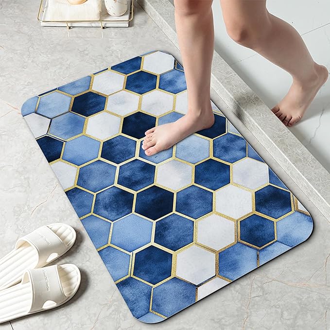 Blue Marble Bathroom Mat, Non-Slip Rubber Backing Thin Low-Profile Bath Rug, Easy-Clean Bathroom Floor Mat for Shower, Bathtub, Kitchen, or Entryway