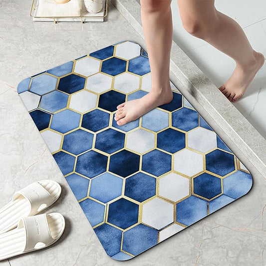 Blue Marble Bathroom Mat, Non-Slip Rubber Backing Thin Low-Profile Bath Rug, Easy-Clean Bathroom Floor Mat for Shower, Bathtub, Kitchen, or Entryway
