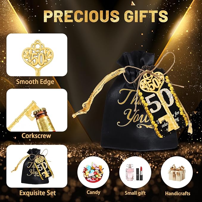 50Pcs 50th Gold Key Bottle Opener 50th Birthday Party Favors, 50th Anniversary Souvenirs Return Gifts 50th Key Beer Bottle Opener With Thank You Cards For Party Birthday Wedding Shower (50)