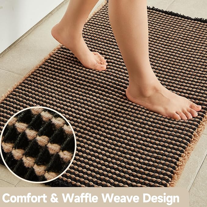 Waffle Bath Mat, Boho Bathroom Rugs Non Slip Washable Super Absorbent Quick Dry Bath Mat Farmhouse Bathroom Decor, 24"x16" Khaki and Black