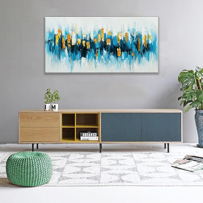 Suconvng Blue Abstract Wall Art Living Room Abstract Painting Wall Decor Modern 24"X 48" Canvas Art Wall Decor Blue Gold Wall Art Canvas Prints Artwork Pictures For Bedroom Kitchen Artwork